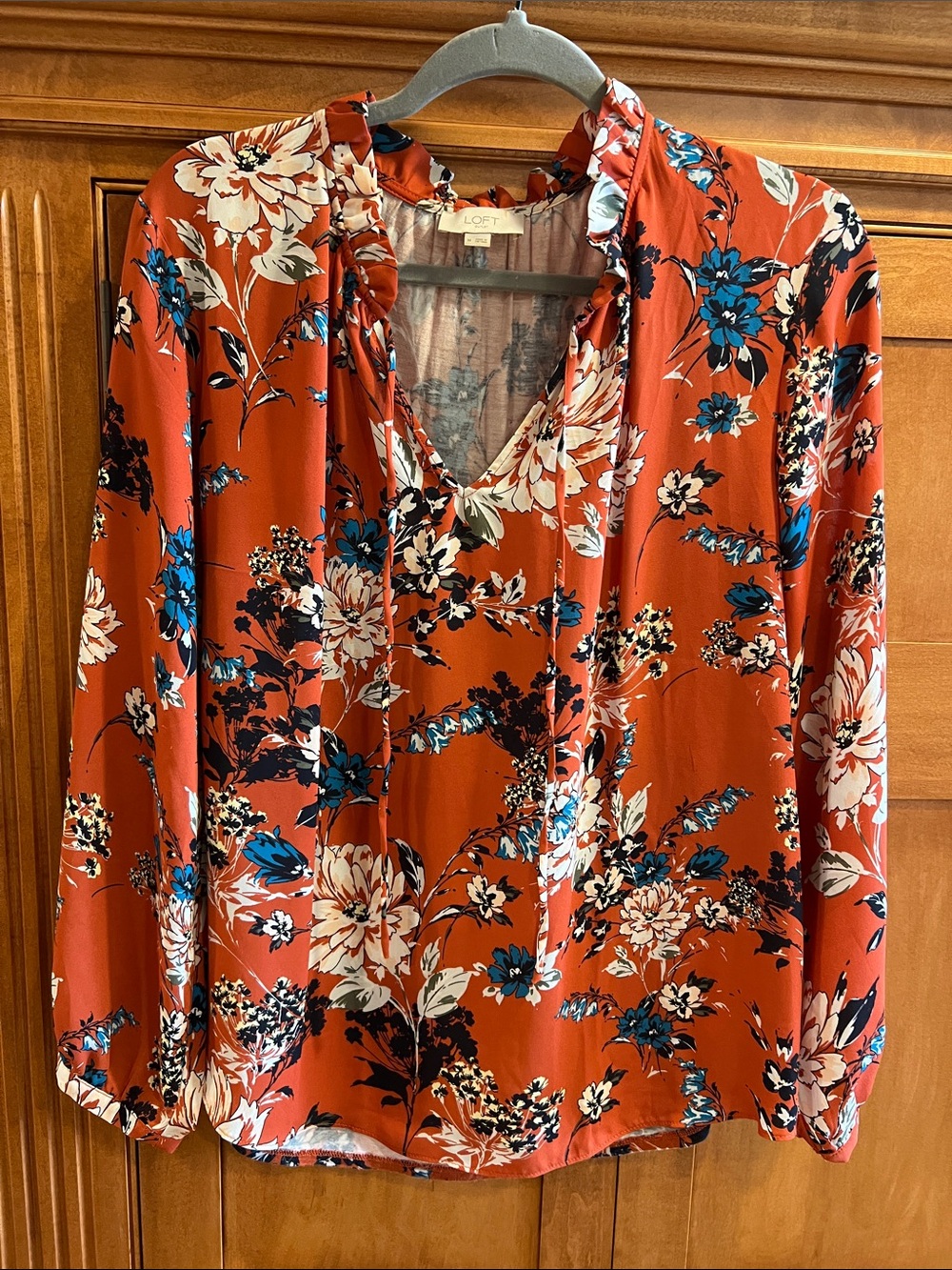 LOFT Rust Floral Ruffle V-Neck Blouse with Tie